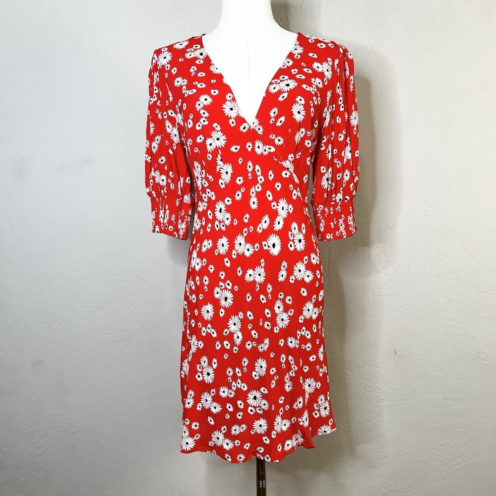 Rixo x Target Mini Dress Red Daisy Floral‎ Puff Sleeve V-Neck Size 4 NEW